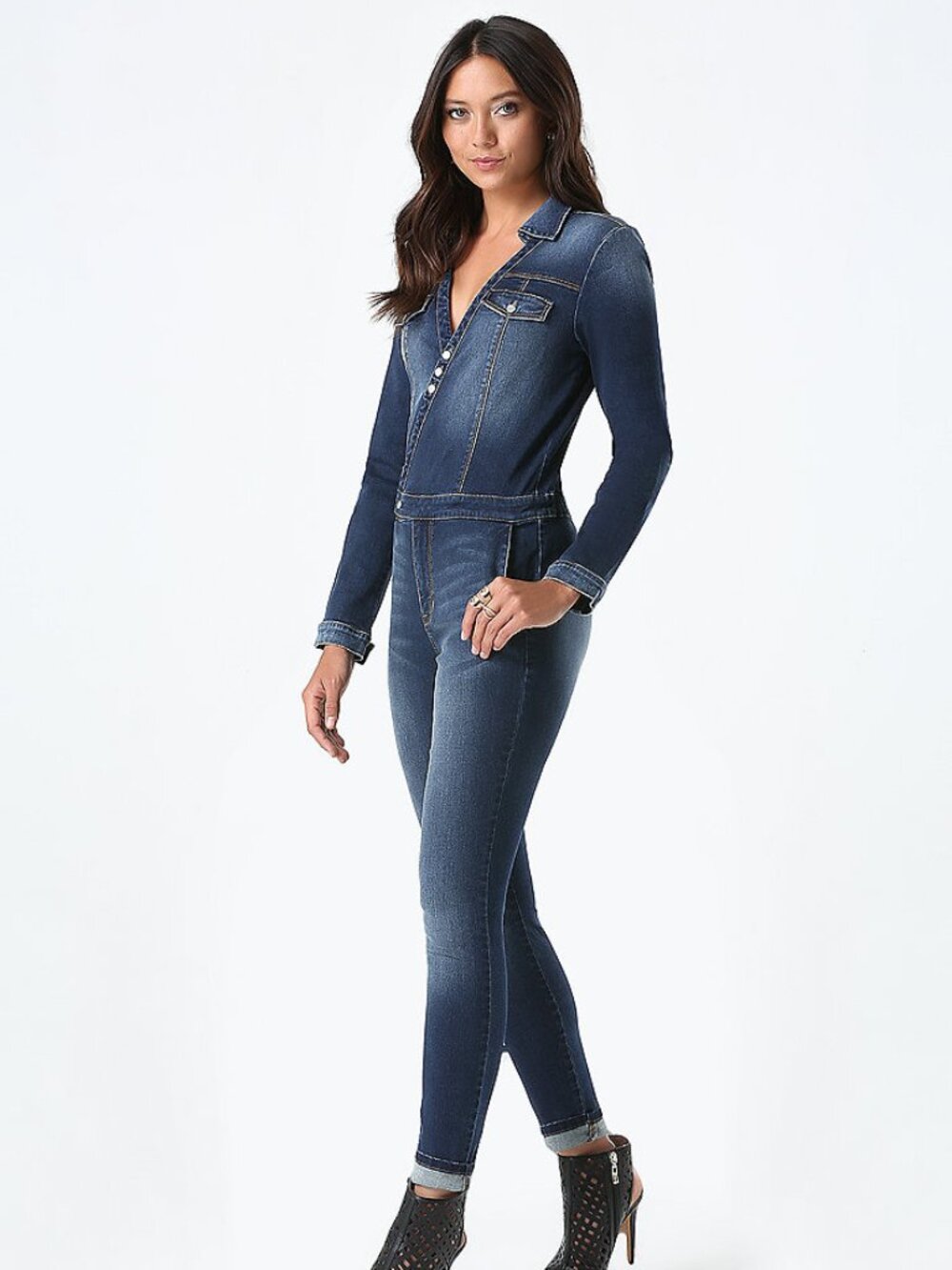 Bebe 3/4 Long Sleeve Medium Dark Wash Denim Jean Jumpsuit Size 6 - Picture 4 of 8